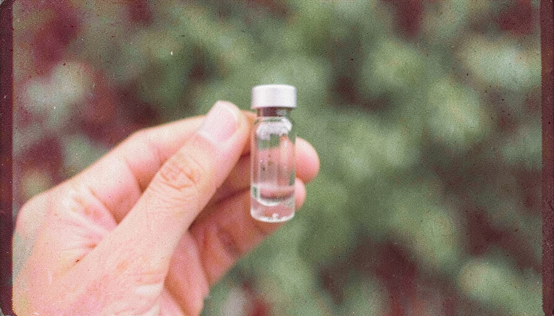 Grainy film photograph of a hand holding a small glass vial against a blurred green background, calm and natural atmosphere